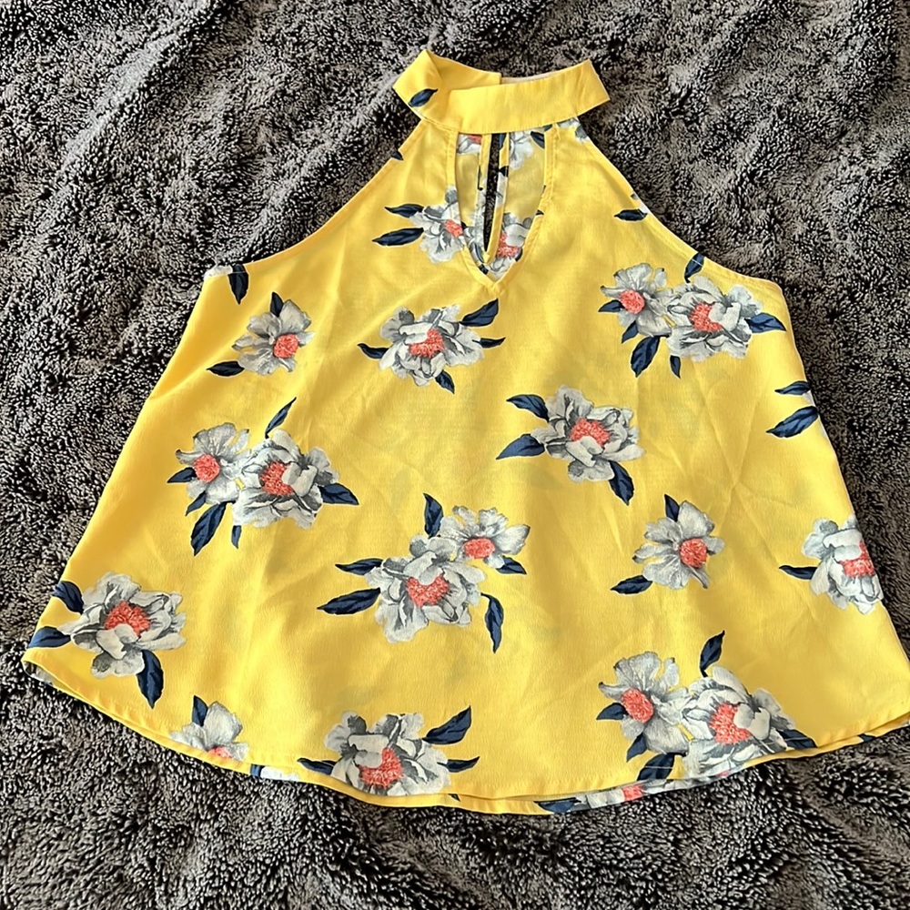 Sweet Wanderer Golden Yellow Floral Halter Keyhole Blouse – Size Small